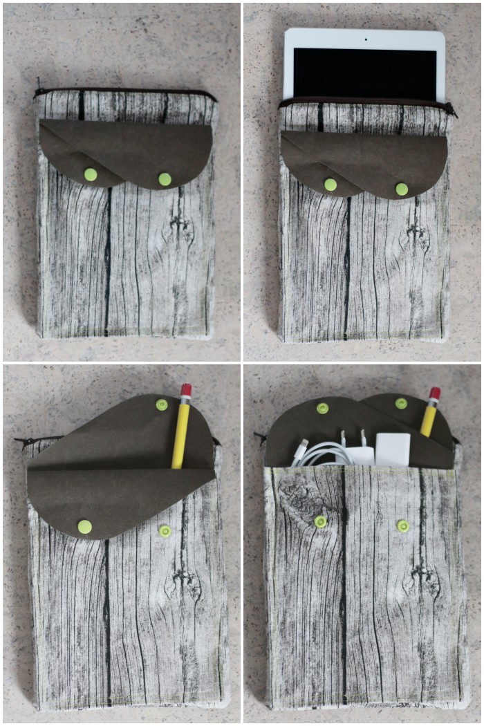iPad Tasche mit Zubehörfächern aus Ikea-Stoffen und SnapPap - Außenansicht und Inhalte aller Fächer.