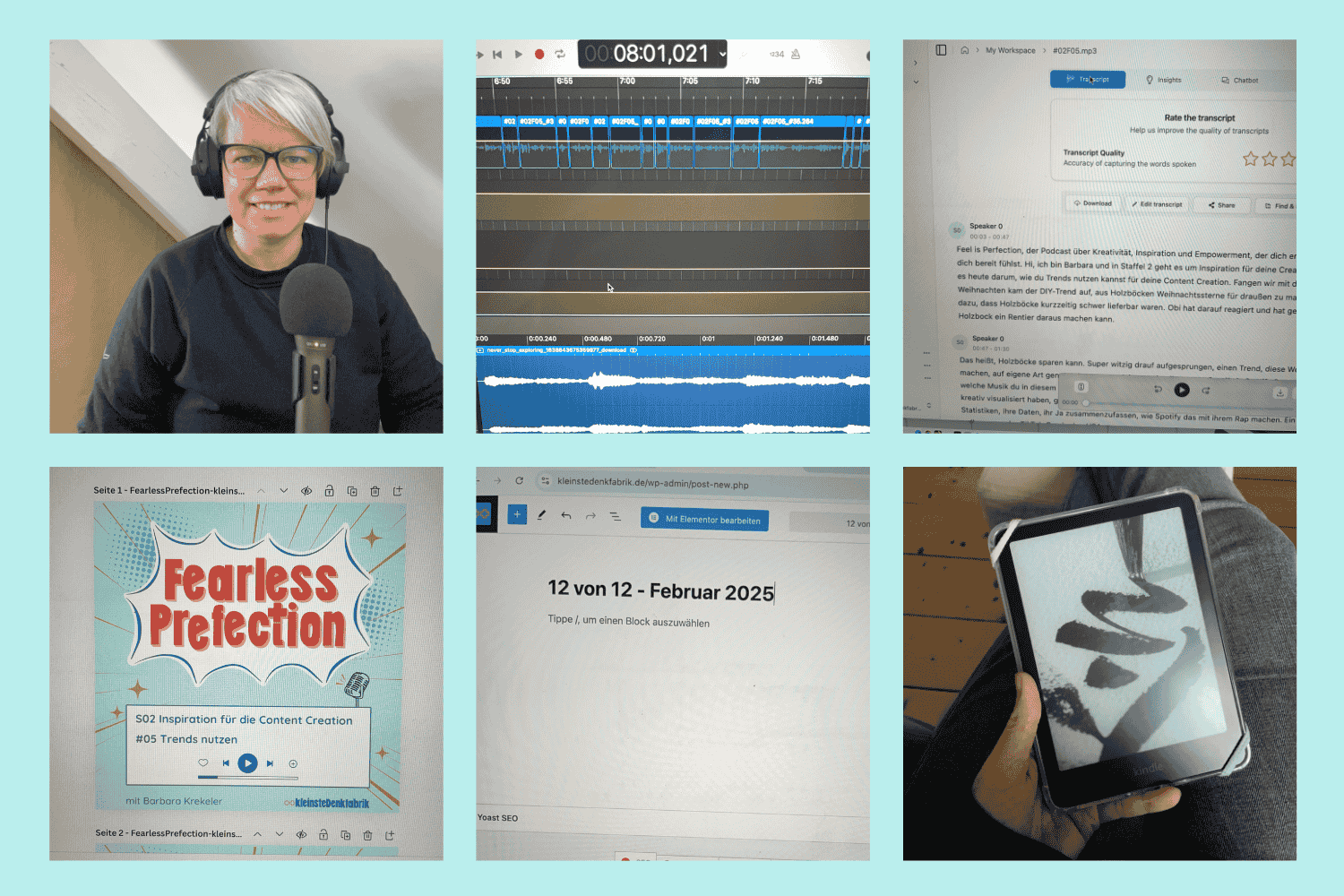 6 Fotos für die Aktion 12von12- ich bei der Podcast-Aufnahme, Schnittprogramm für den Podcast, Transkriptions-Tool und Cover-Erstellung in Canva, Blogbeitrag vorbereiten und Kindle auf meinem Schoß.