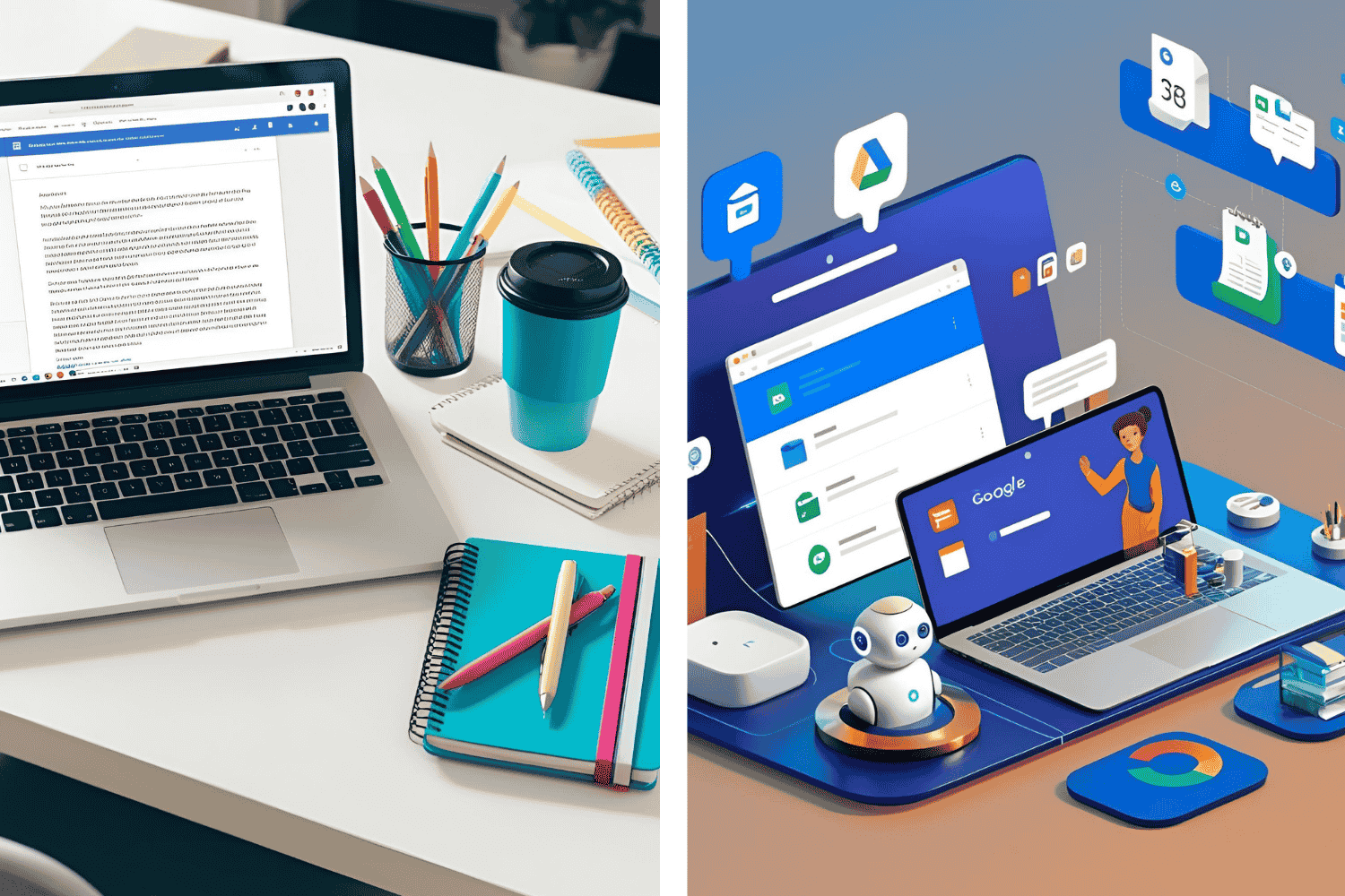 Zwei BIlderm it AI/KI generiert. Links: Laptop auf einem Schreibtisch mit Notizbuch, Stiften, Kaffeebecher; rechts: virtuelle Umgebung mit Laptop und schwebenden Elementen für einen Google Workspace, einem kleinen Roboter auf dem Tisch.