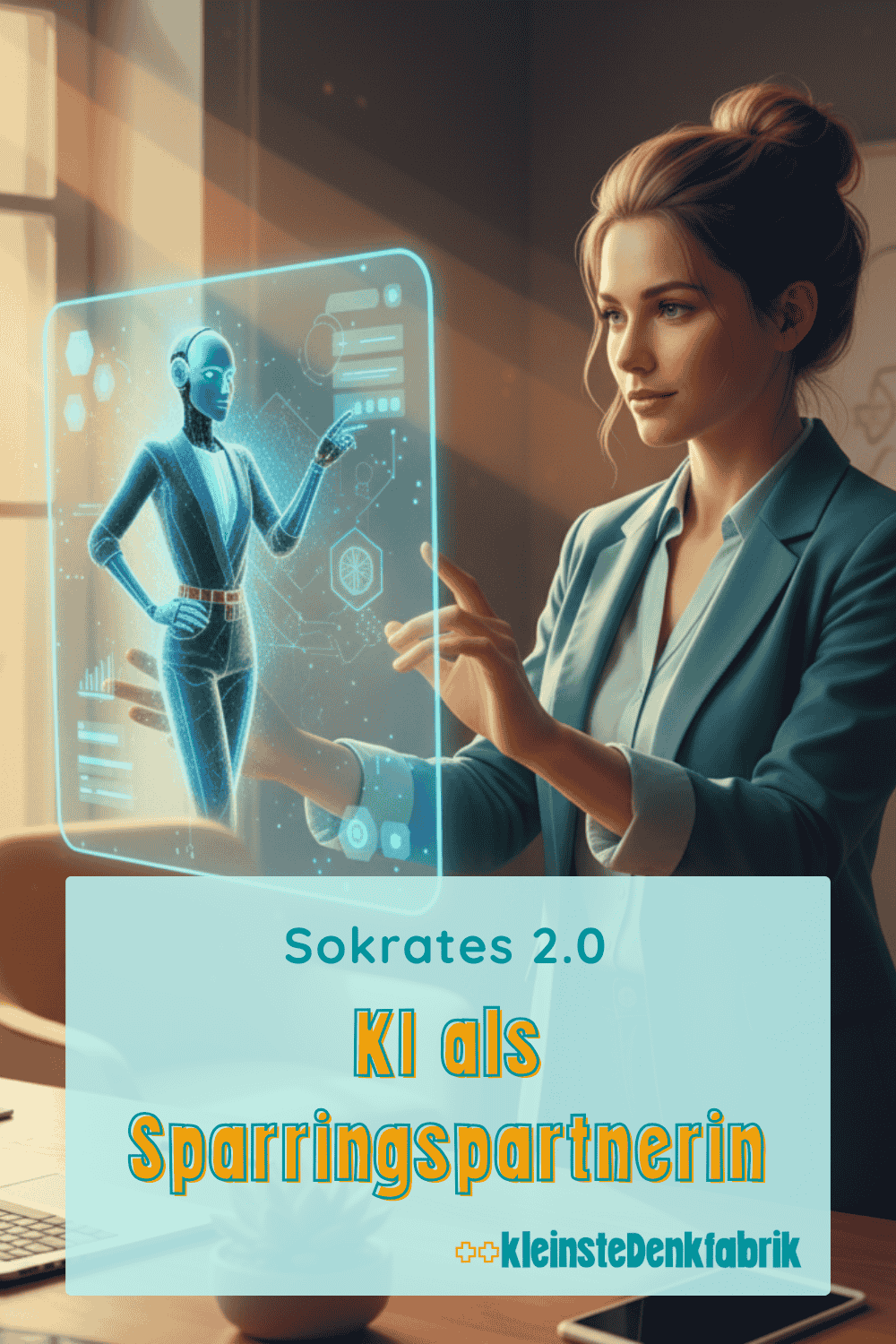 Eine Frau in einem blauen Blazer schaut auf eine transparente, leuchtende Hologramm-Anzeige. Auf dem Hologramm ist eine digitale, humanoide KI-Figur zu sehen, umgeben von Diagrammen und Daten. Im unteren Teil des Bildes befindet sich eine Textbox mit den Worten "Sokrates 2.0", "KI als Sparringspartnerin" und dem Logo der "++kleinsteDenkfabrik".